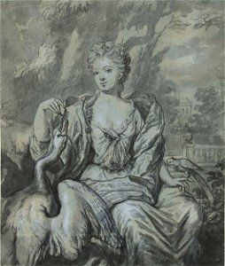 Portret van een vrouw met een zwaan en een papegaai in een tuin. Free illustration for personal and commercial use.