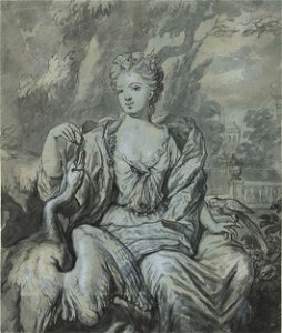 Portret van een vrouw met een zwaan en een papegaai in een tuin