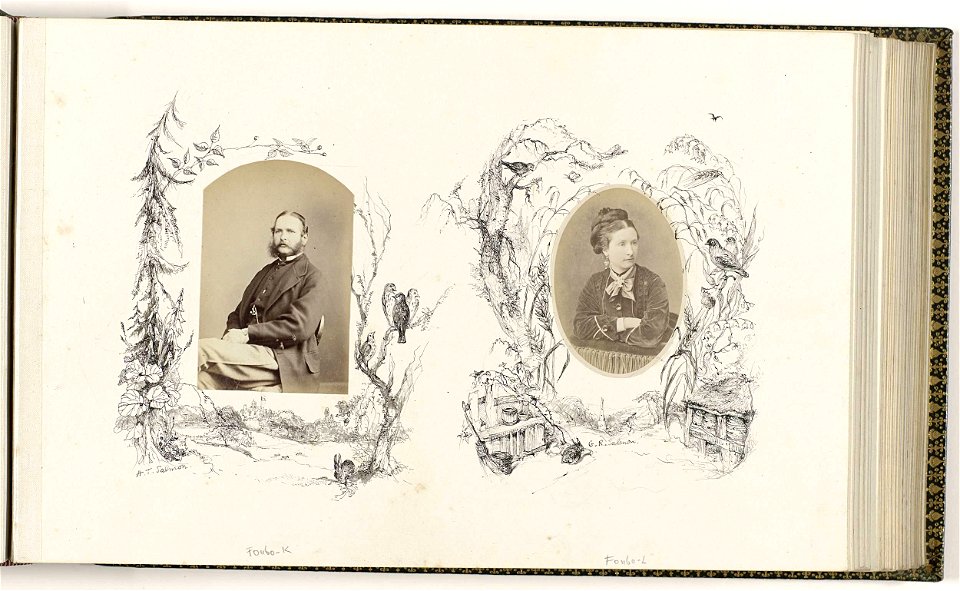 Portret van G.R. Salmon omzoomd door tekening flora met vogels, bijenkorven en konijnen