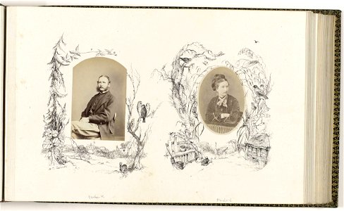 Portret van G.R. Salmon omzoomd door tekening flora met vogels, bijenkorven en konijnen