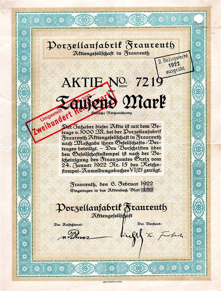 Porzellanfabrik Fraureuth 1000 Mk 1922
