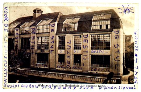 Postcard Bauhaus with writings by Theo van Doesburg
