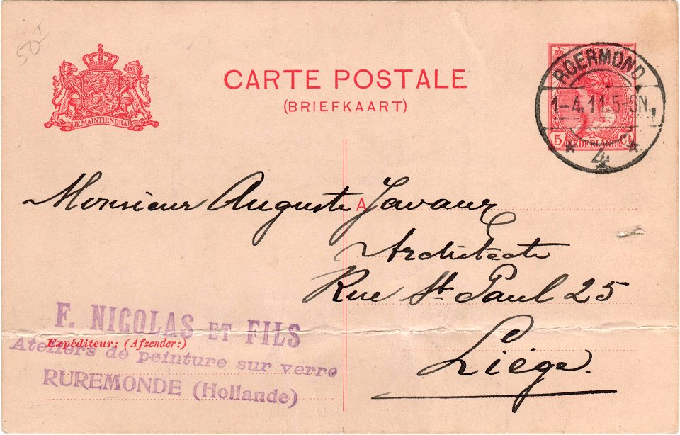 Postcard to Auguste Javaux 1911-04-01 recto