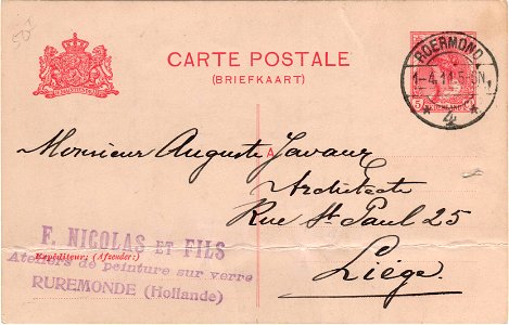 Postcard to Auguste Javaux 1911-04-01 recto