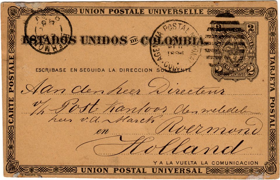 Postcard to the Roermond postmaster 1888-06 recto
