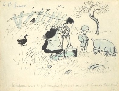 Poulbot F. attr. - Ink, Blue Pencil - Recto = Le professeur nous a dit qu’il ressemblait le plus à l’homme... Verso = Esquisse d’homme portant des valises, un enfant sur ses épaules - 25.1x32.5cm