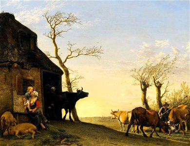 Paulus Potter - Koeien verlaten een stal bij een boerderij in de ochtend (1647)