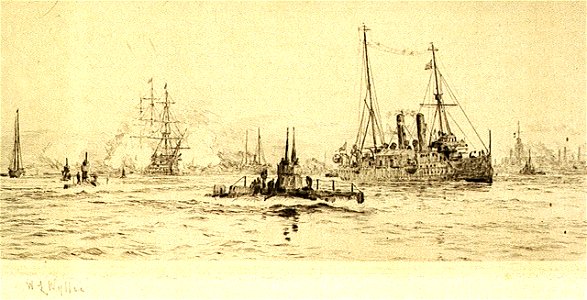 Portsmouth Harbour with HMS 'Bonaventure' and submarine 'D2' RMG PU8353