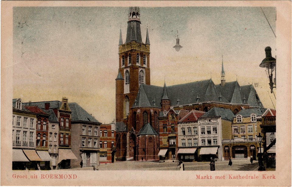 Postcard Groet uit ROERMOND, Markt met Kathedrale Kerk recto