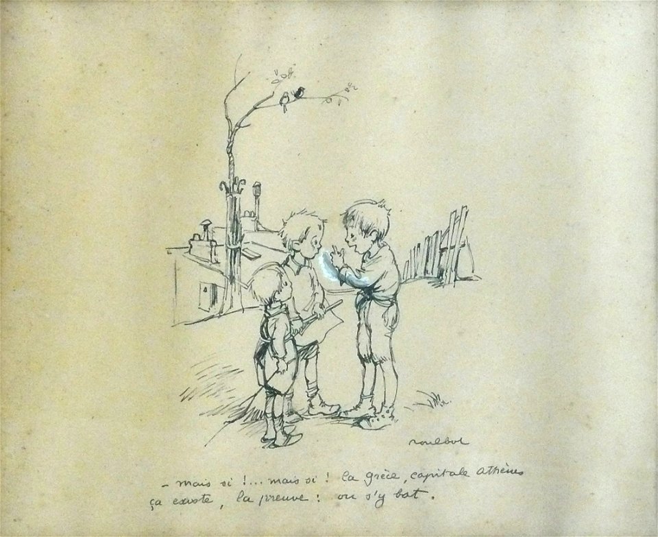Poulbot F. - Ink « Mais si !... Mais si ! La Grèce, capitale Athènes, çà existe, la preuve, on s’y bat » - 24x29.7cm