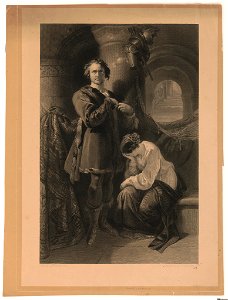 Powerful looking man standing, woman with face resting in hand sitting beside him LCCN2003674418