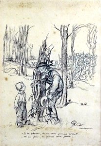 Poulbot F. - Ink - « Si tu pleures, tu ne seras jamais soldat - m’en fous, la guerre sera finie » - 36x25cm