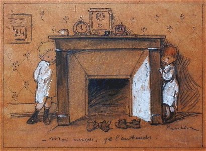 Poulbot F. - Pencil, colors - Noel, moi aussi, je l'entends - ~14x17cm