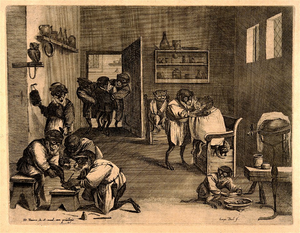 Practitioners and patients in a busy barber-surgeon's shop; Wellcome V0011086