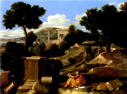 Poussin - Paysage avec saint Jean à Patmos - Chicago Art Institute. Free illustration for personal and commercial use.