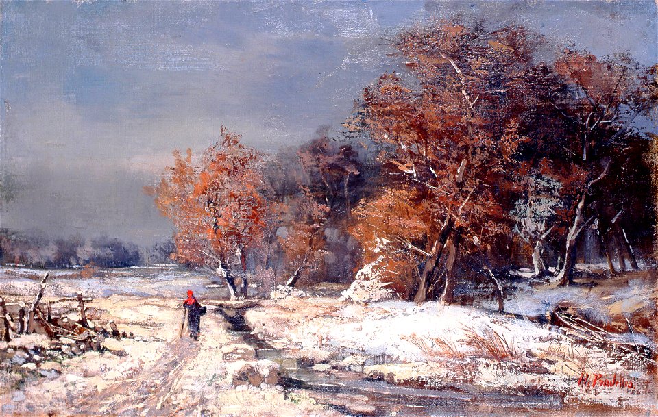 Pradelles Hippolyte - Paysage de neige avec enfant au bonnet rouge