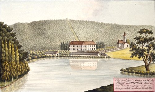 Prager Fürst-Erzbischöfliches Schloss Kamenitz, Kauřzimer Kreises, aufgenommen von Adalb. Juhn, gemahlt von Joann Venuto 1814