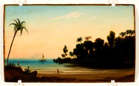 Praia com índios e veleiro (atribuído), da Coleção Brasiliana Iconográfica