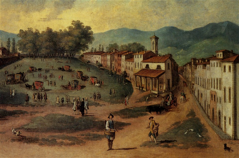 Prato di san francesco (with santa maria maddalena church), painting of XVIII century in Museo Civico, Pistoia
