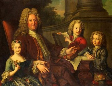 Presumed painting showing the Duke of Maine with his two surviving sons and only surviving daughter by Jean-Baptiste van Loo. Free illustration for personal and commercial use.