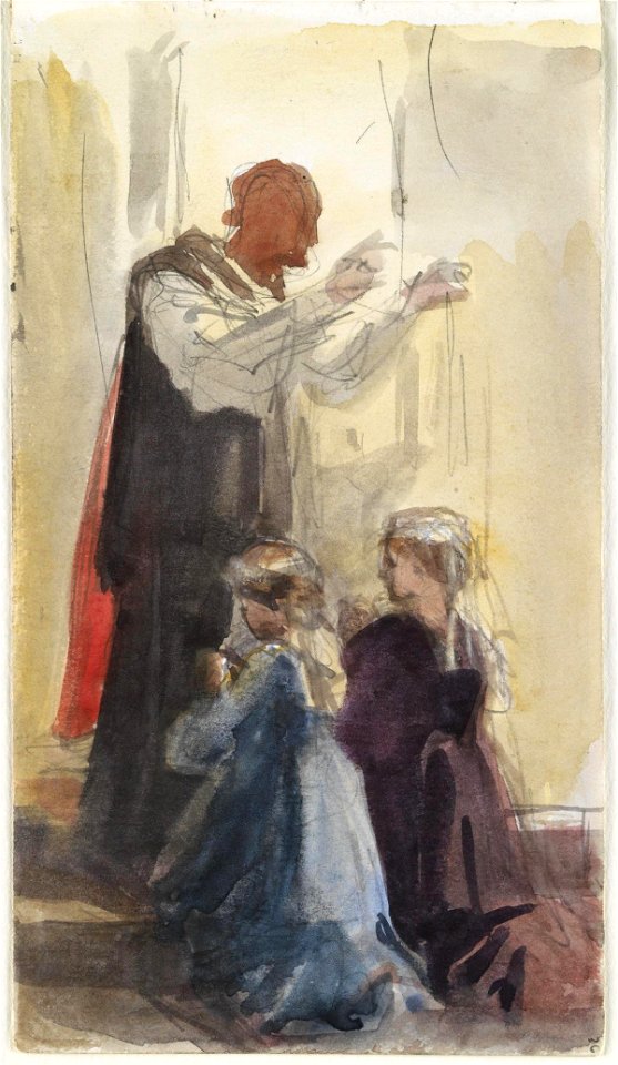 Priest blessing two unknown girls by Louisa Anne (née Stuart), Marchioness of Waterford