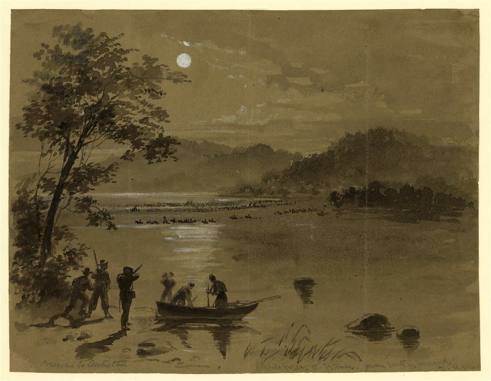 Previous to Antietam. Rebels crossing the Potomac. Union scouts in foreground LCCN2004660339