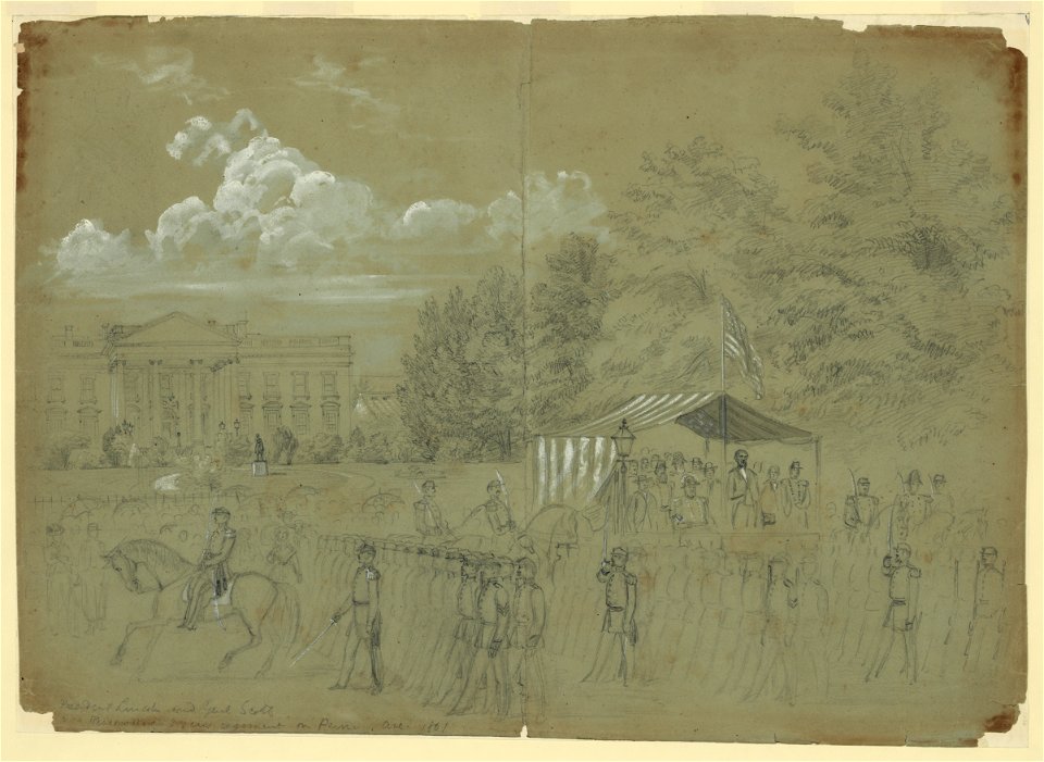 President Lincoln and Genl. Scott Reviewing 3 years regiment on Penn Ave. 1861 LCCN2004660442