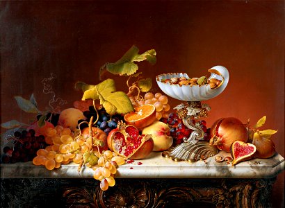 Johann Wilhelm Preyer - Südfrüchte mit Milchglasschale in Muschelform