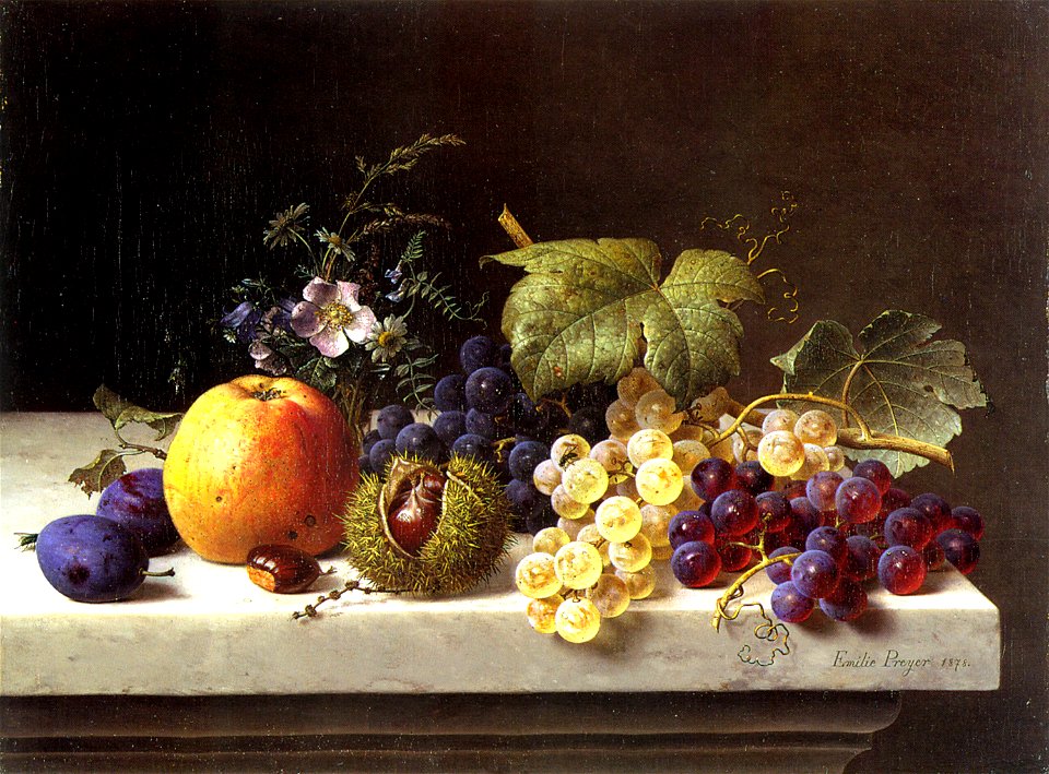 Emilie Preyer - Trauben, Pflaumen, ein Apfel und Kastanien auf einem Marmorsims (1878)
