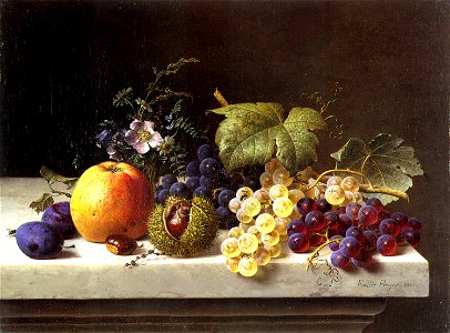 Emilie Preyer - Trauben, Pflaumen, ein Apfel und Kastanien auf einem Marmorsims (1878)