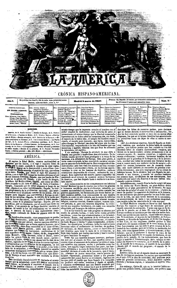Primera página del primer número de La América, 08-03-1857