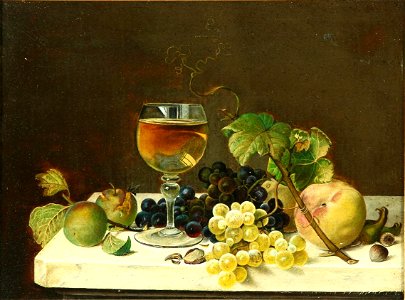 Johann Wilhelm Preyer - Stillleben mit Früchten und einem Glas Wein auf einem Gesims