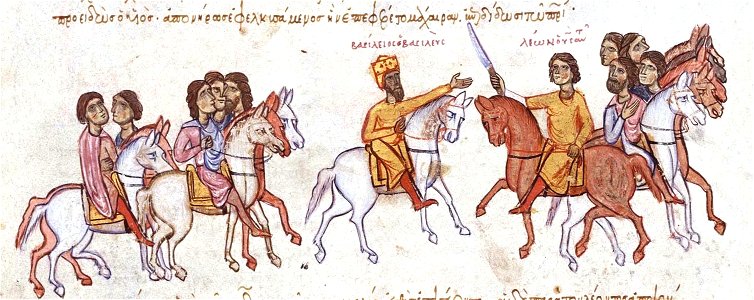 Prince Leo offers a knife to his father, Emperor Basil I