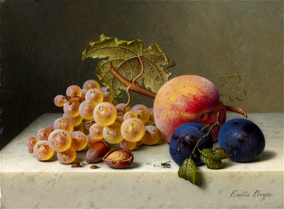 Emilie Preyer - Früchtestillleben mit Trauben, Haselnüssen, Pfirsich und Pflaumen