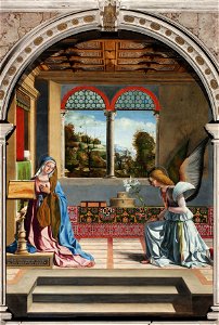 Andrea Previtali The Annunciation ca 1508. Free illustration for personal and commercial use.