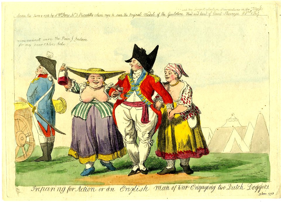 Preparing for action or an English man of war engaging two Dutch doggers. (BM 1868,0808.6297)