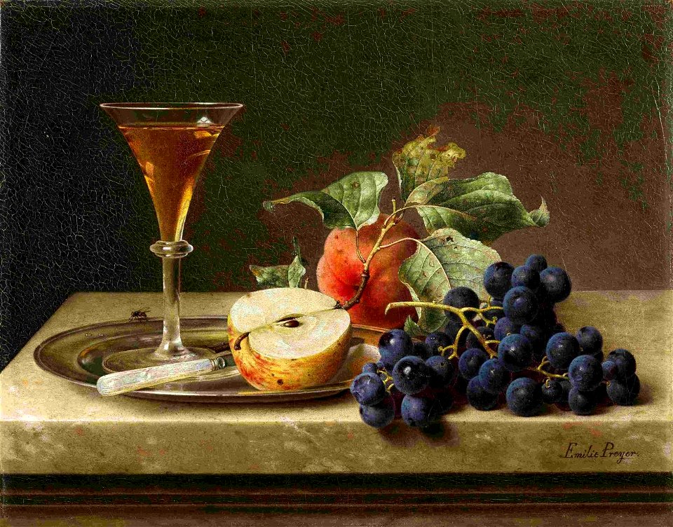 Emilie Preyer - Früchtestillleben mit Sektglas