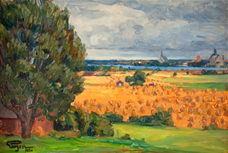 Prince Eugén - View of Vadstena from the surrounding fields 1920. Free illustration for personal and commercial use.