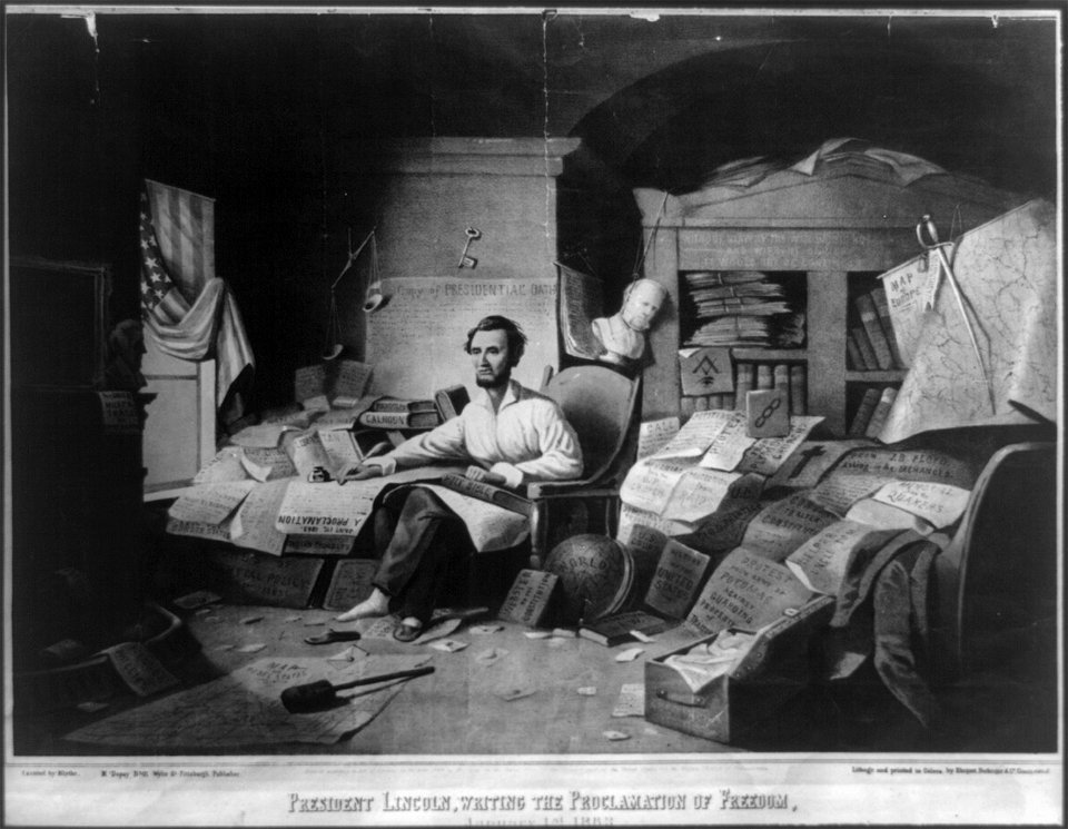 President Lincoln, writing the Proclamation of Freedom. January 1st, 1863 LCCN2004665377