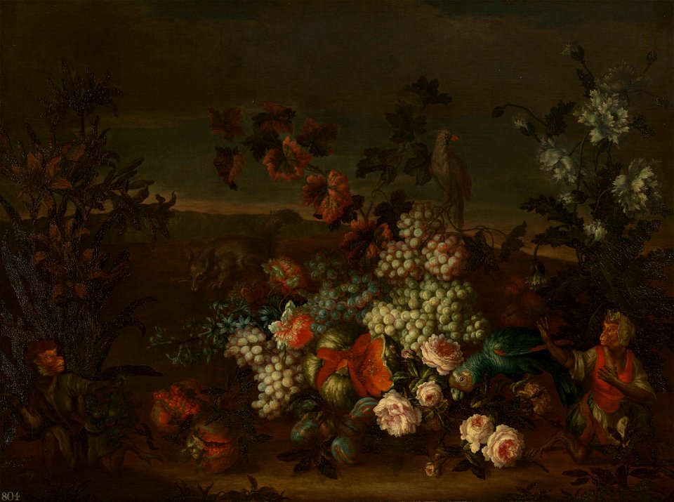 Previously attributed to Jean-Baptiste Monnoyer (1636-99) - Still-Life with Fruit, Flowers, Animals and Birds in a Landscape - RCIN 404511 - Royal Collection