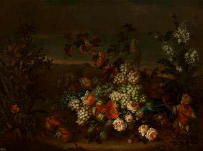 Previously attributed to Jean-Baptiste Monnoyer (1636-99) - Still-Life with Fruit, Flowers, Animals and Birds in a Landscape - RCIN 404511 - Royal Collection