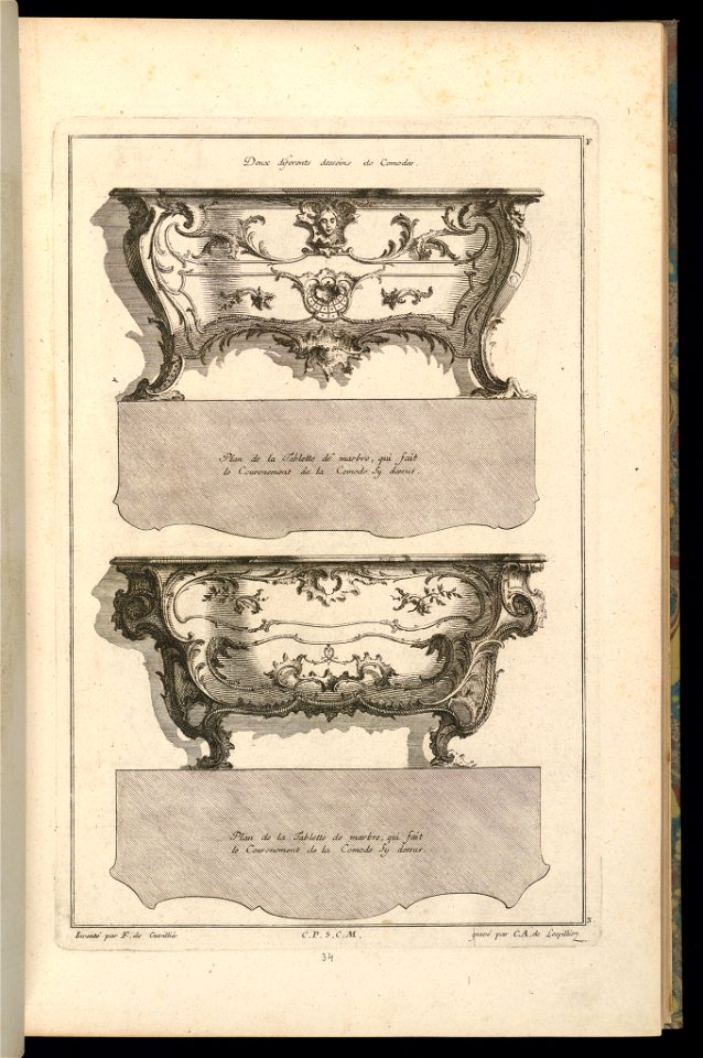Print, Deux différents desseins de Comodes (Designs for Two Commodes) in Livre de Diferents Dessein de Comodes (Book of Designs for Commodes), 1745–55 (CH 18242051)