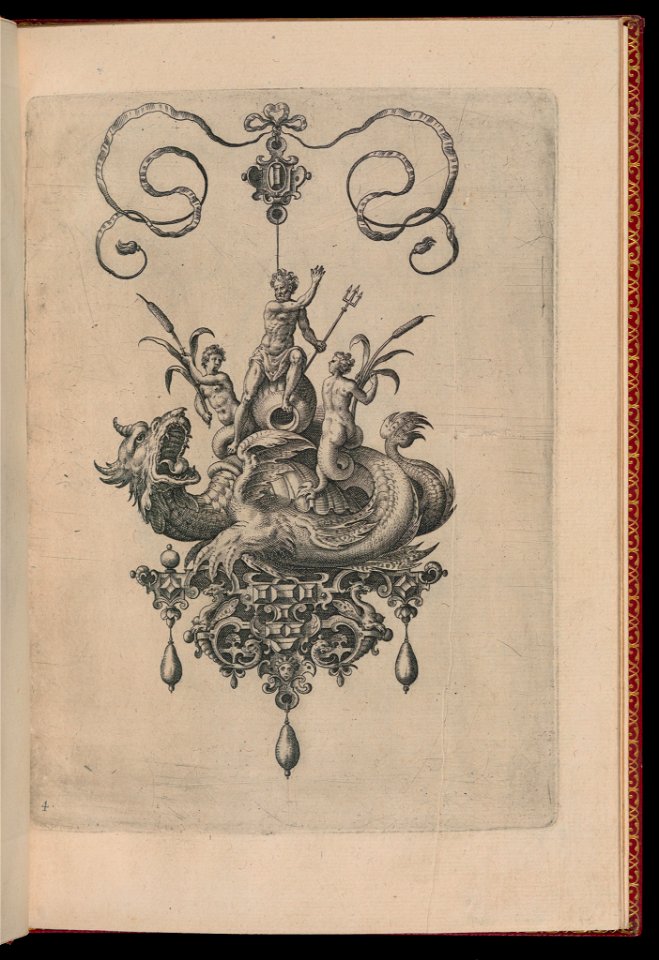 Print, Plate 4, from Bullarum Inaurium etc. Archetypi Artificiosi Pars Altera (Pendants, Earrings, etc. Designs of the Most Skillful Nature, Part Two), 1582 (CH 18286043)