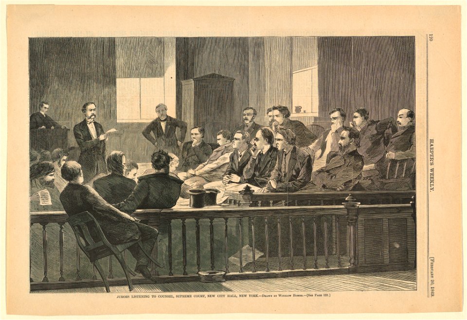 Print, Jurors listening to counsel, Supreme Court, New City Hall, N.Y., Harper's Weekly, February 1869 (CH 18606361)