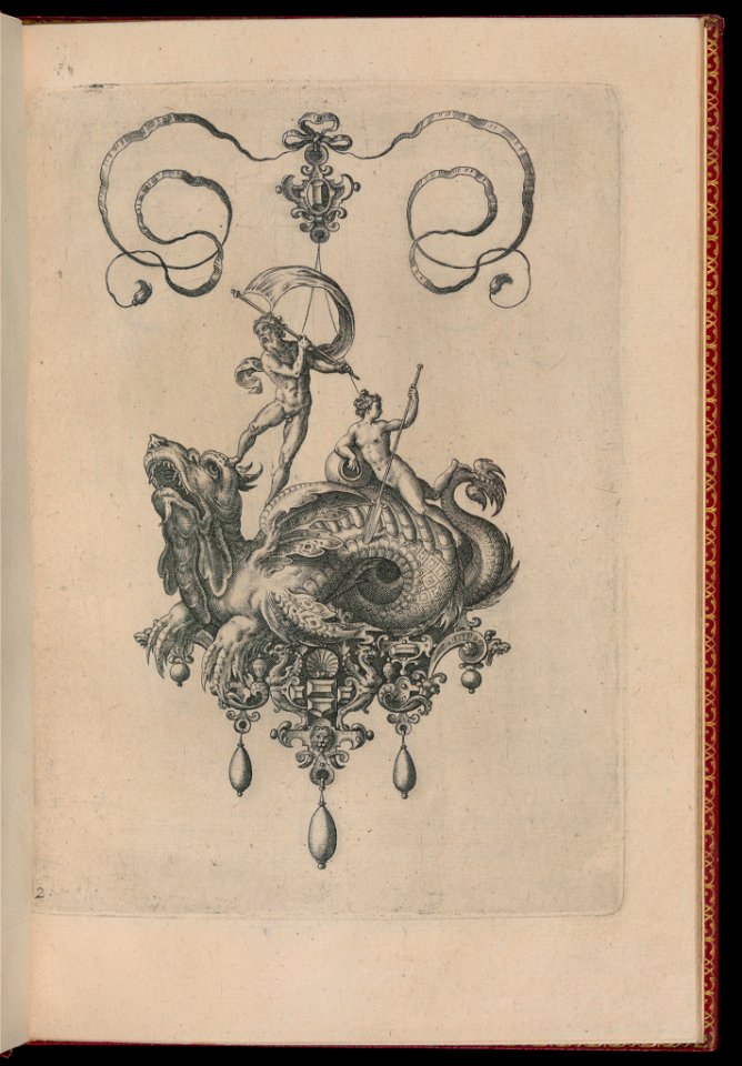 Print, Plate 2, from Bullarum Inaurium etc. Archetypi Artificiosi Pars Altera (Pendants, Earrings, etc. Designs of the Most Skillful Nature, Part Two), 1582 (CH 18286029)