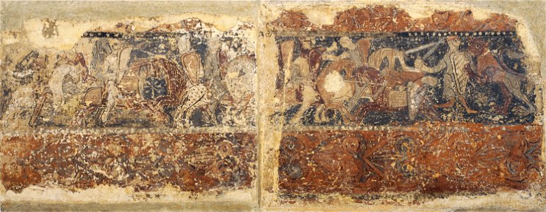 Profane paintings from Sigena- Knights in battle and soldier attacked by a lion - Google Art Project