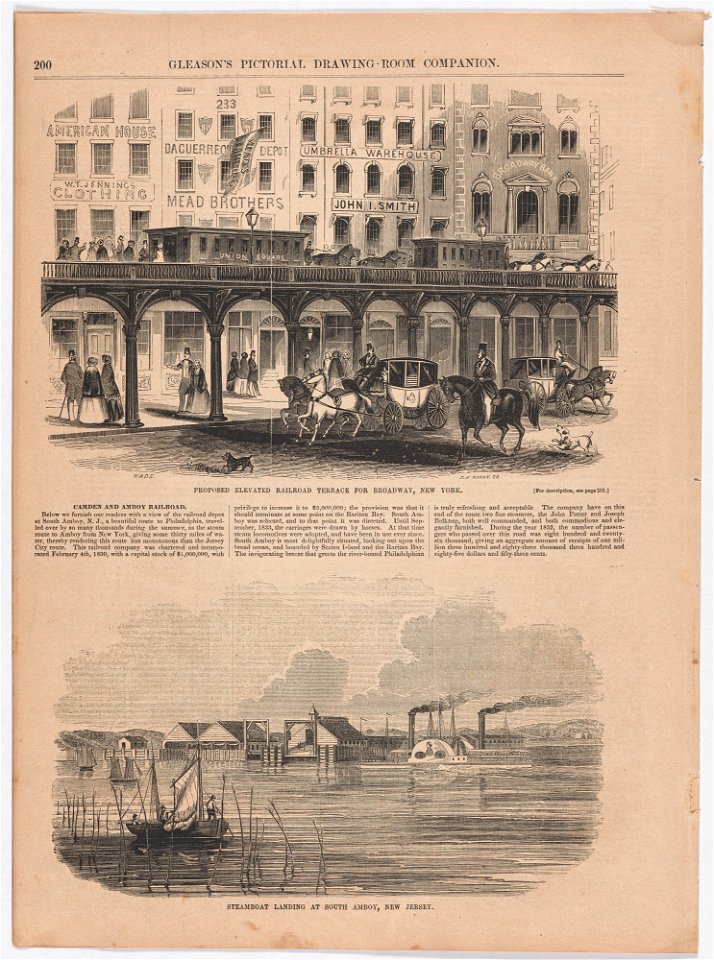 Proposed Elevated Railroad Terrace for Broadway, New York, by Samuel E. Brown after John C. Wade, 1854, wood-cut engraving, from the National Portrait Gallery - NPG-AD-NPG 2007 27