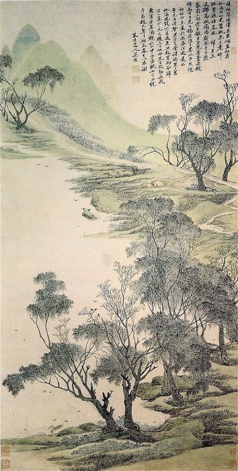Printemps sur le lac, rouleau mural, encre et couleur sur papier, 1676-123,8x62,5 par le peintre chinois Wu Li