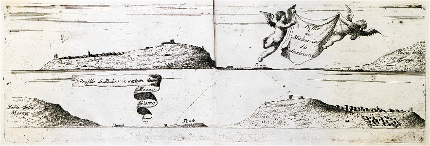 Profilo di Malvasia da Settentrione Profilo di Malvasia, veduta da Mezzo giorno - Coronelli Vincenzo Maria - 1708