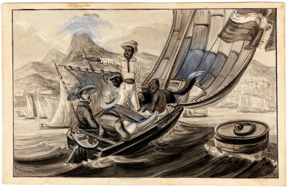 Promenade sur l'Eau dans la Baie de Rio -Janeiro. Un esclave nègre du Congo, racontant son histoire Tènue esclave nègre fraichement arrivé de l'Affrique, da Coleção Brasiliana Iconográfica
